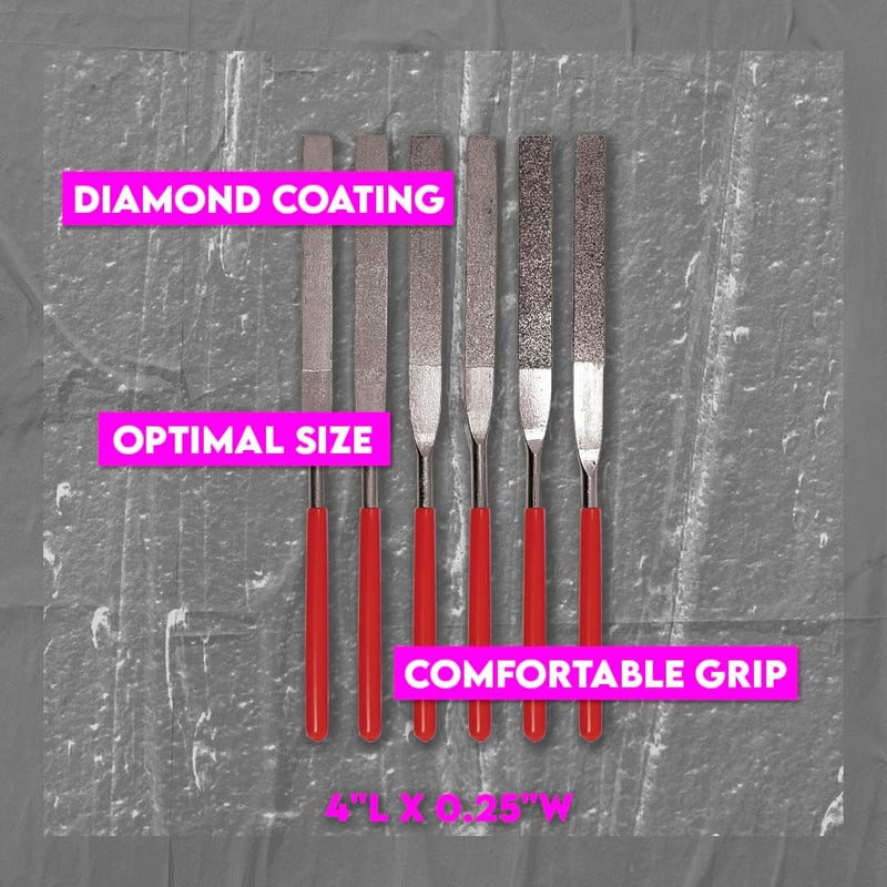 SE 74330DF 6-Piece Flat Diamond Grit File Set - Multi-Grit for Metals, Glass, Stones - 7" Length, 2" Diamond Surface, Round Handles - Includes PVC Pouch - Image 3